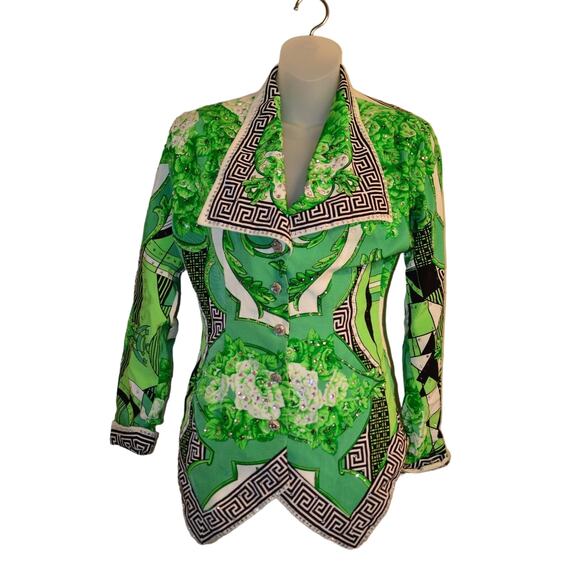 Coutori Designer Runway Blazer Coat Jacket Swarovski Crystal Green Floral Black